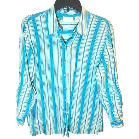 Vintage Turquoise & Cream Striped Linen Button Up Blouse by Studio Works, Small - Picture 1 of 11